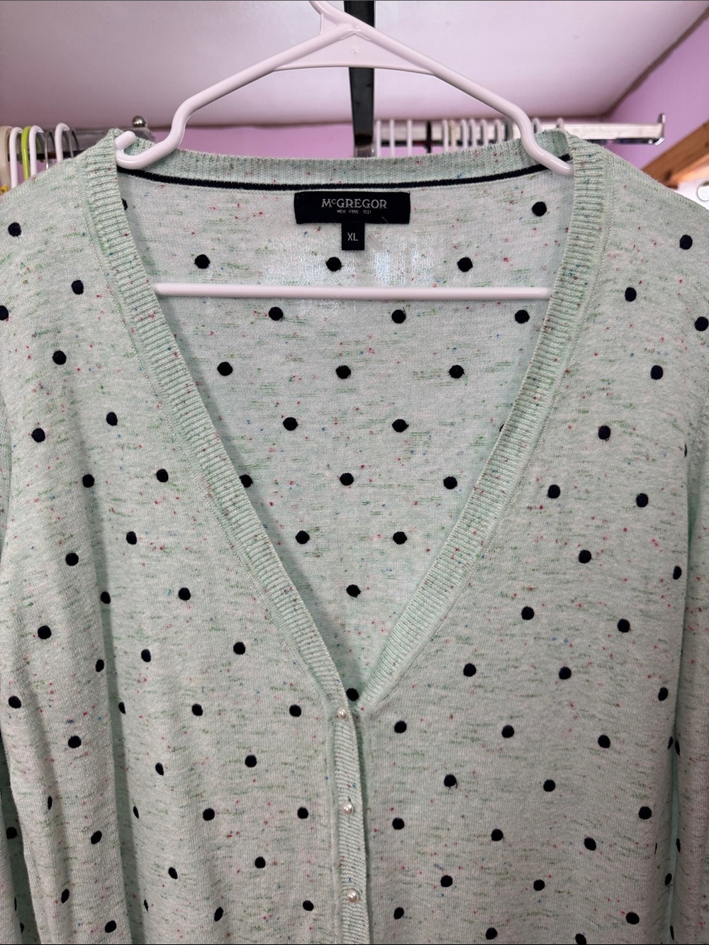McGregor Mint Green Tweed Polka Dot V-Neck Cardigan Sweater Pearl Button XL NWOT - Picture 4 of 6